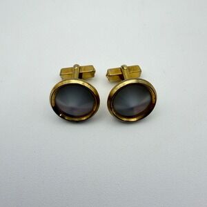 Anson Cufflinks Mens Gold tone Grey Cats Eye Vintage Mid Century‎ Round Toggle